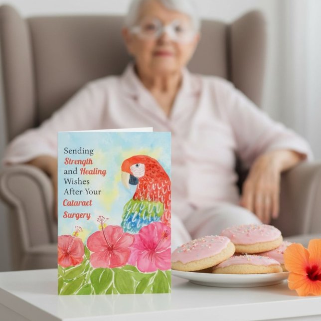 Tarjeta Cataract  Surgery Healing Scarlet Macaws, Hibiscus (Subido por el creador)