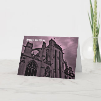 Tarjeta Catedral gótica en púrpura Feliz cumpleaños