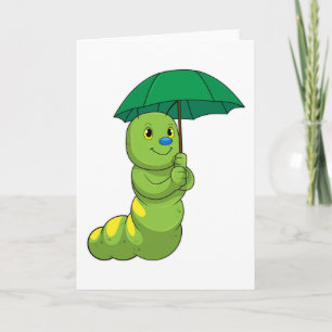 Tarjeta Caterpillar en la lluvia con paraguas