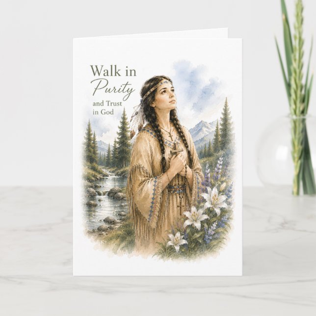Tarjeta católica de cumpleaños de Santa Kateri Tek (Anverso)