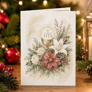 Tarjeta católica de Navidad eucarística floral