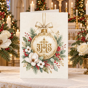 Tarjeta católica elegante de Navidad con IHS y ado