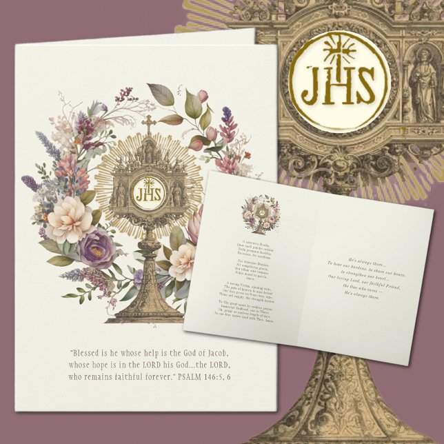 Tarjeta Católica Hostia Eucarística Escritura Oración  (Traditional Catholic Monstrance with O Salutaris Hymn and Scripture Verse )
