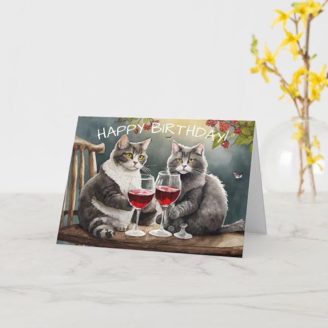 Tarjeta Cats Drinking Wine Birthday Card! (flor amarilla)
