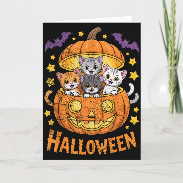 Tarjeta Cats In Pumpkin Cute Halloween Kitties Funny  (Anverso)