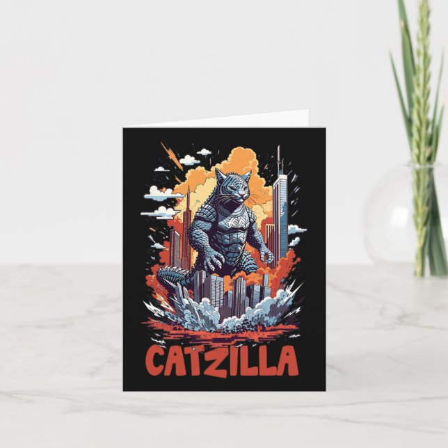 Tarjeta Catzilla Cat City Skyline Funny (Anverso)