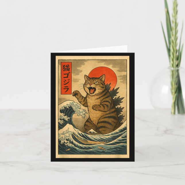 Tarjeta Catzilla Cat Japanese Art Funny Cat For Men Women  (Anverso)