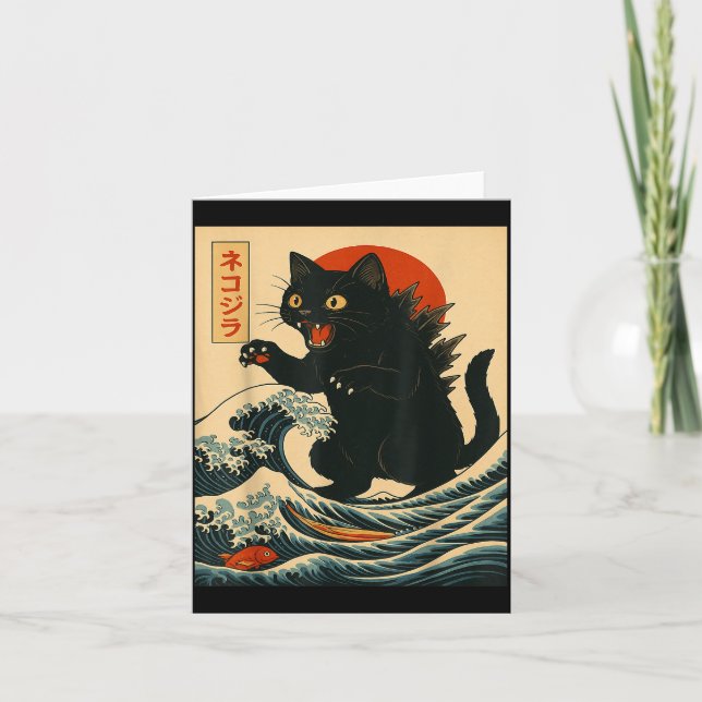 Tarjeta Catzilla Cat Japanese Art Funny Cat For Men Women  (Anverso)