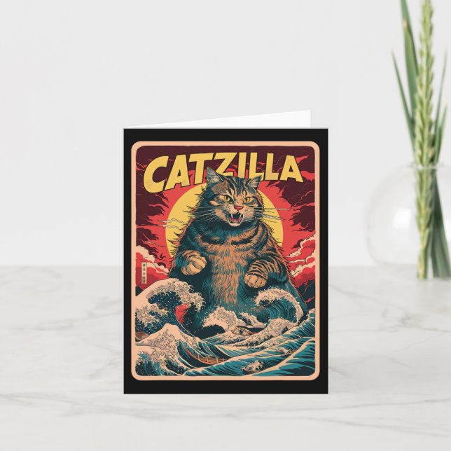 Tarjeta Catzilla Gráfica divertida de gatos de arte japoné (Anverso)