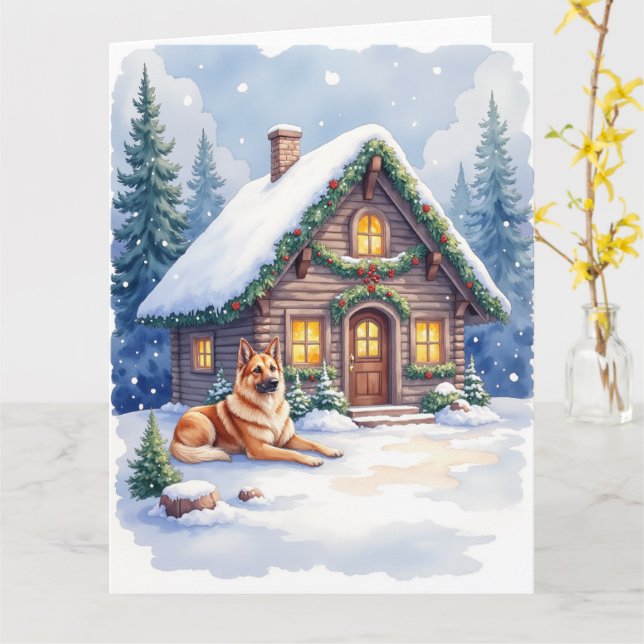 Tarjeta Caucasian Shepherd Dog Mountain Cabin Christmas (flor amarilla)