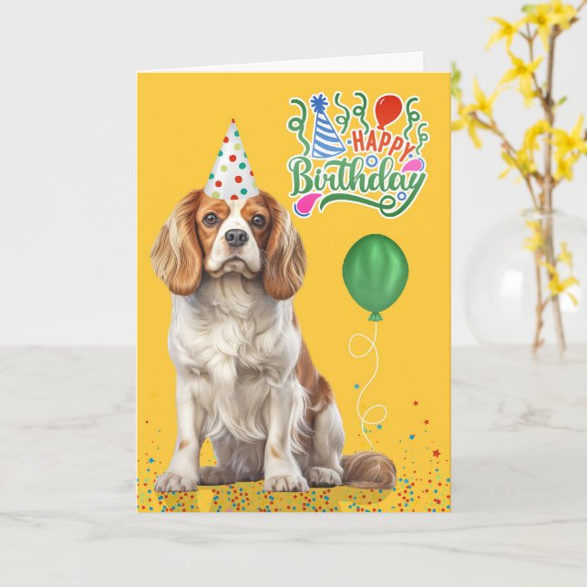 Tarjeta Cavalier King Charles Party Hat Yellow Birthday (flor amarilla)