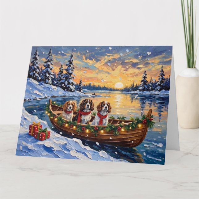 Tarjeta Cavalier King Charles Spaniel Christmas Boat (Anverso)