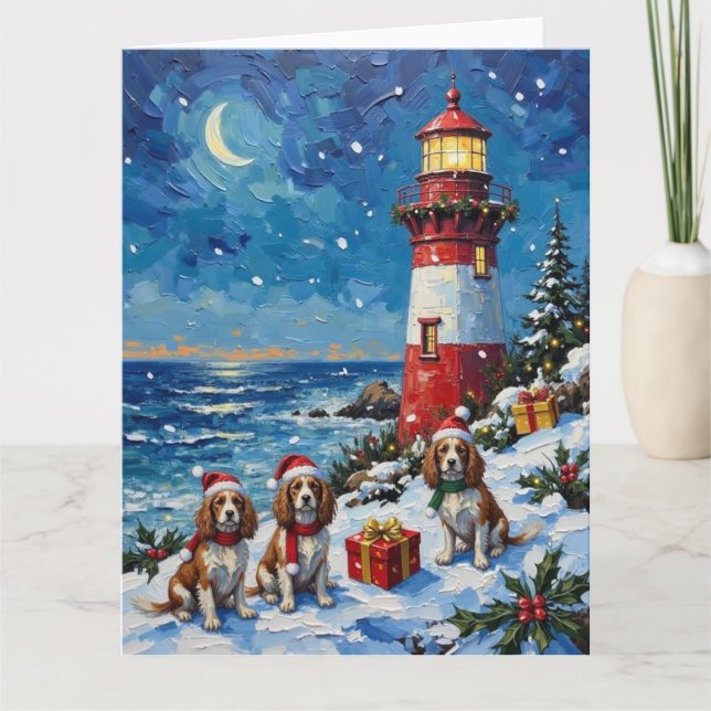 Tarjeta Cavalier King Charles Spaniel Christmas Lighthouse (Anverso)