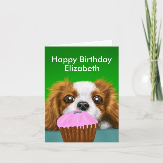 Tarjeta Cavalier King Charles Spaniel con pastel de cumple (Anverso)