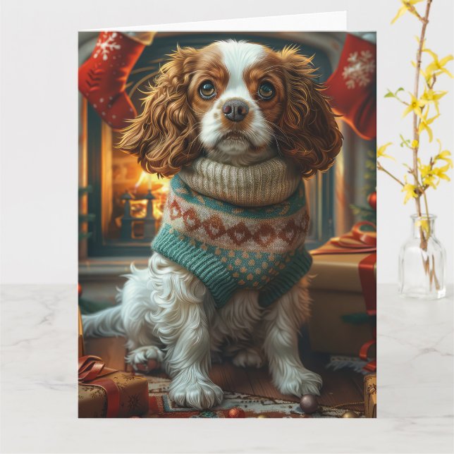 Tarjeta Cavalier King Charles Spaniel con regalos de Navid (flor amarilla)