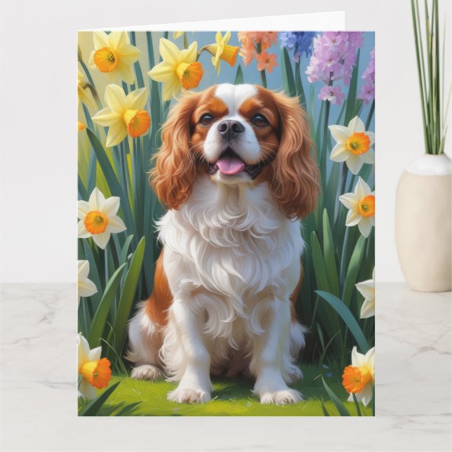 Tarjeta Cavalier King Charles Spaniel Flores de Primavera  (Anverso)