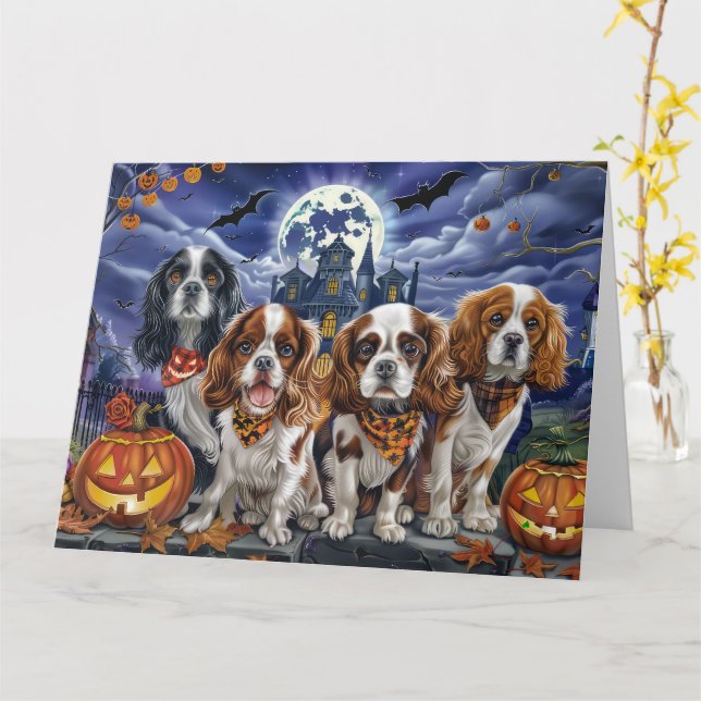 Tarjeta Cavalier King Charles Spaniel Halloween Espeluznan (flor amarilla)