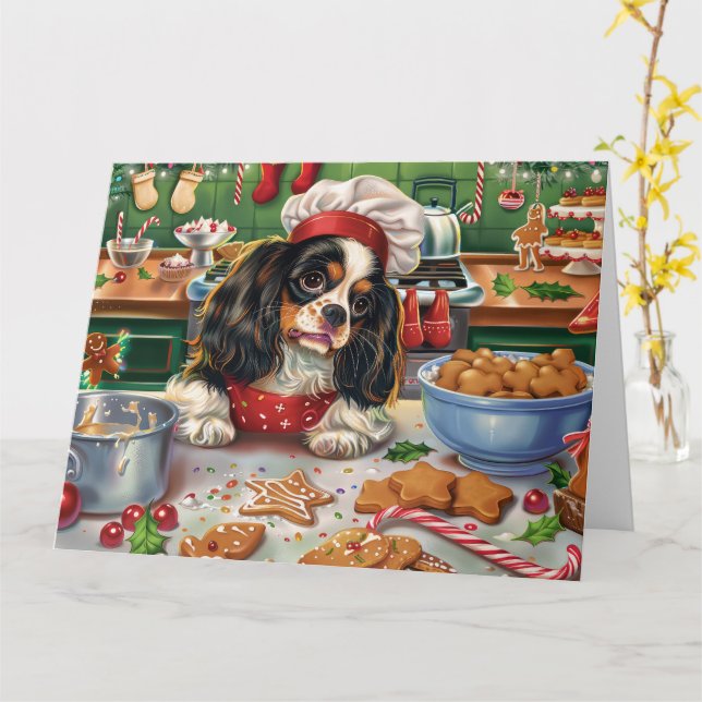 Tarjeta Cavalier King Charles Spaniel Horneando Navidad (flor amarilla)