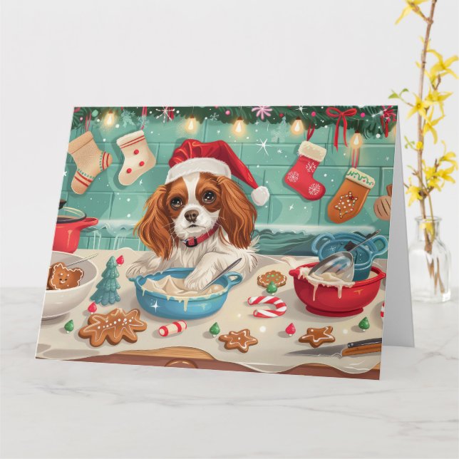Tarjeta Cavalier King Charles Spaniel Horneando Navidad (flor amarilla)
