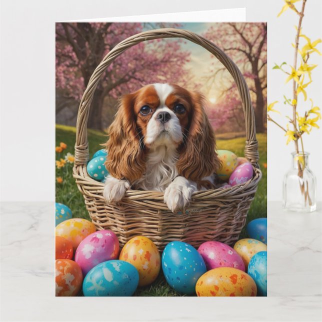 Tarjeta Cavalier King Charles Spaniel Huevos de Pascua (flor amarilla)
