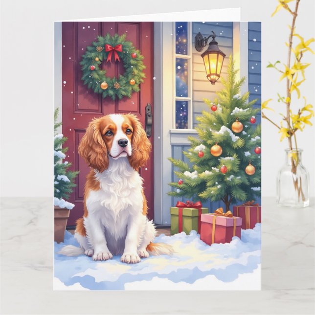 Tarjeta Cavalier King Charles Spaniel Navidad Nevada (flor amarilla)