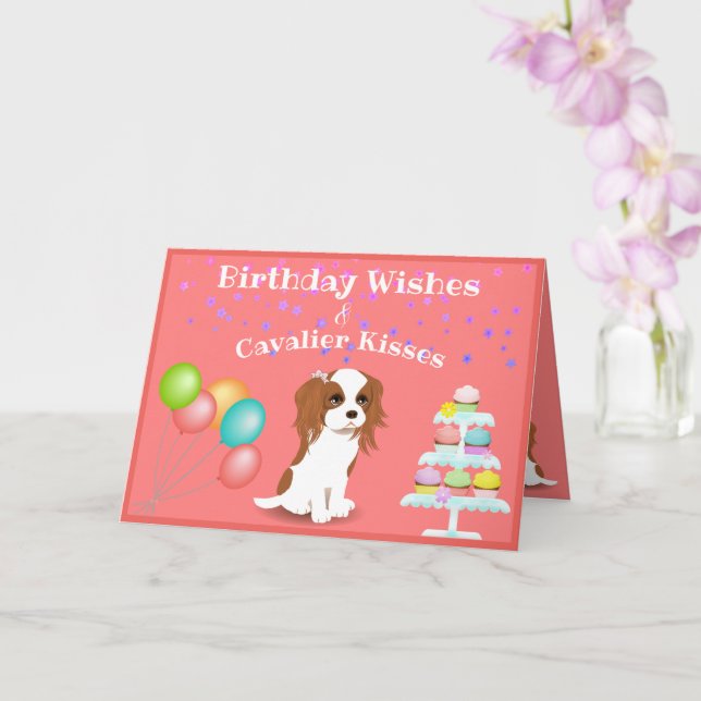 Tarjeta Cavalier King Charles Spaniel Pink Happy Birthday (Orquídea)