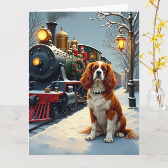 Tarjeta Cavalier King Charles Spaniel Tren de Navidad (flor amarilla)