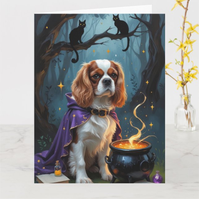 Tarjeta Cavalier King Charles Spaniel Whimsical Halloween (flor amarilla)