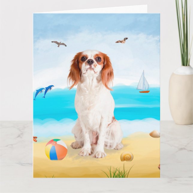 Tarjeta Cavalier King Dog en la playa (Anverso)