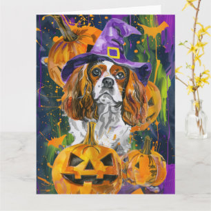 Tarjeta Cavalier King Dog Halloween Bruja Y Calabaza