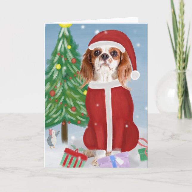Tarjeta Cavalier King perro en la nieve con regalos de Nav (Anverso)