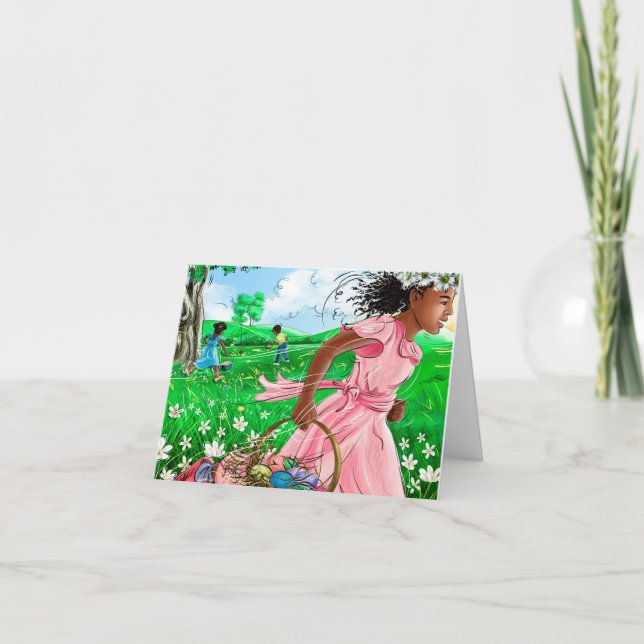 Tarjeta Caza de huevos de Pascua de niñas africanas lindas (Anverso)