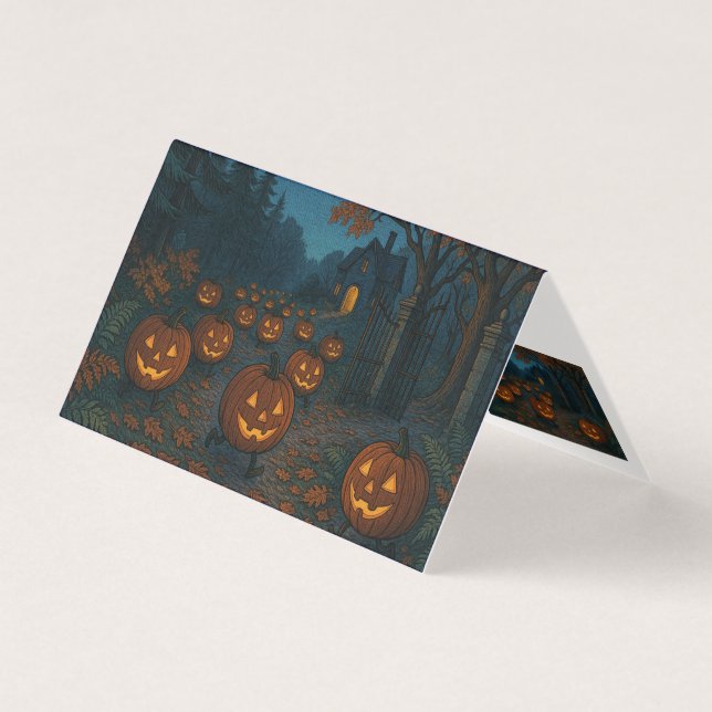 Tarjeta Cazando calabazas de Halloween (Anverso)