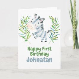 Tarjeta Cebollos de Cebra Safari Baby Happy First Birthday