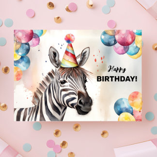 Tarjeta Cebra con globos y Gorra Fiesta feliz cumpleaños