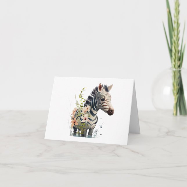 Tarjeta Cebra de bebé adorable con flores en BLANCO (Anverso)