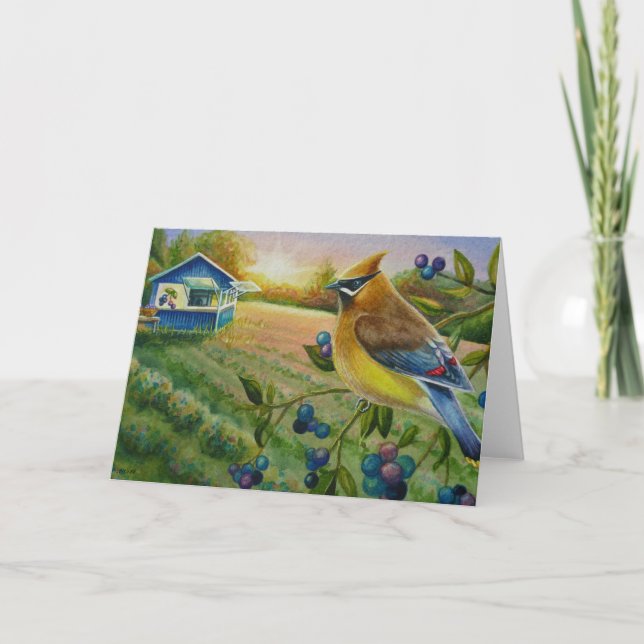 Tarjeta Cedar Waxing Bird Blueberry Farm Watercolor Art (Anverso)