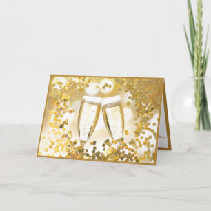 Tarjeta Celebración Champagne Glasses Gold Confetti