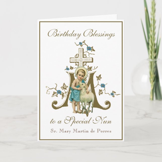 Tarjeta Celebración Cumpleaños Monjas Bendiciones Virgen M (Anverso)