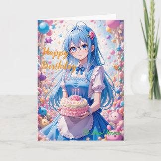 Tarjeta Celebración de Anime Chica y Pastel Kawaii