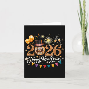 Tarjeta Celebración de Año Nuevo 2026 Bola de Disco Dorada