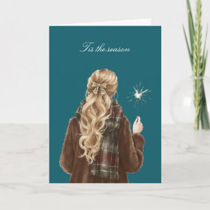 Tarjeta Celebración de bengalas de niña rubia de Navidad