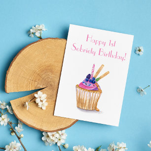 Tarjeta Celebración del primer año de sobriedad con pastel
