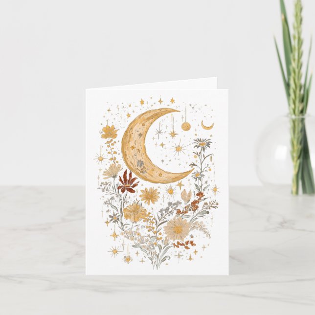 Tarjeta Celestial Moon and Wildflower Greeting Card – Boho (Anverso)