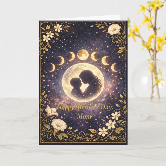 Tarjeta Celestial Moon Phases Floral Night Sky Design (flor amarilla)