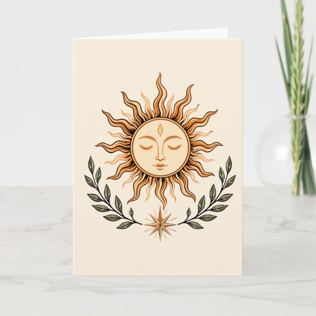 Tarjeta Celestial Sun Face Botanical Mystical Art (Anverso)