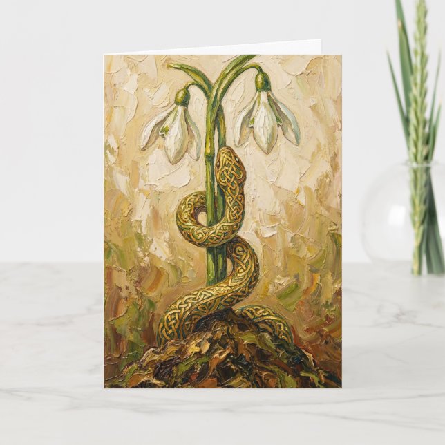 Tarjeta Celtic Snake Snowdrops Imbolc Rebirth Fantasy Art (Anverso)