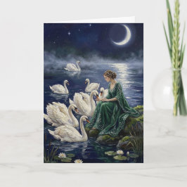 Tarjeta Celtic Swans Moonlit Lake Night Fantasy Art