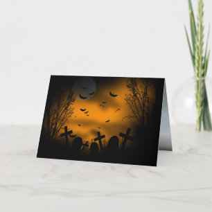 Tarjeta Cementerio de Halloween con murciélagos y lápidas