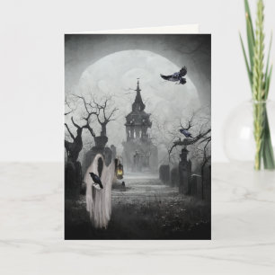 Tarjeta Cementerio y portador de puerta asustado Halloween
